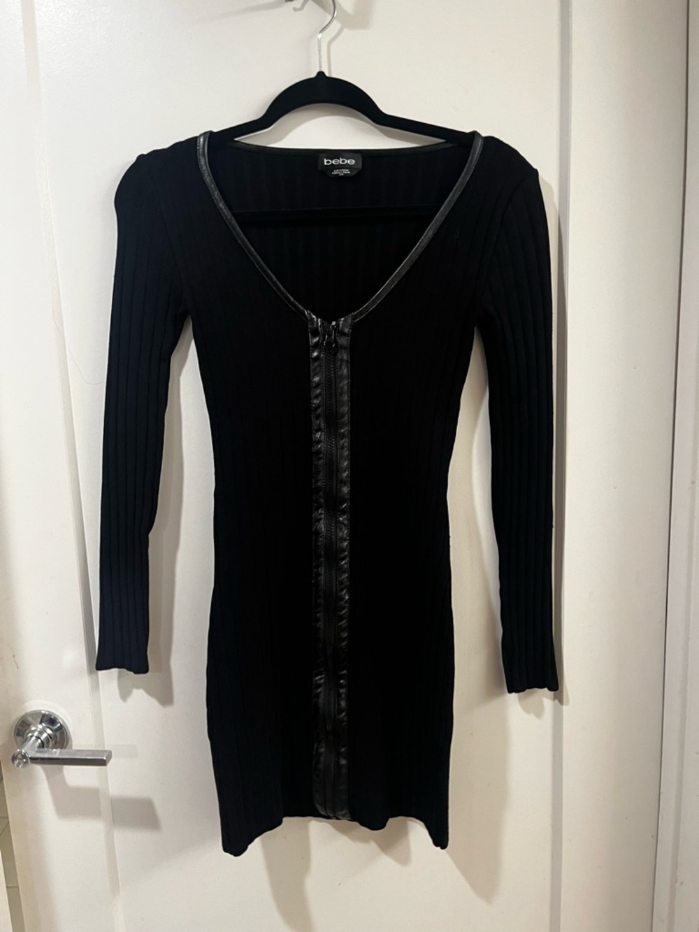 bebe Black Ribbed Long Sleeve V-Neck Dress with Front Trim